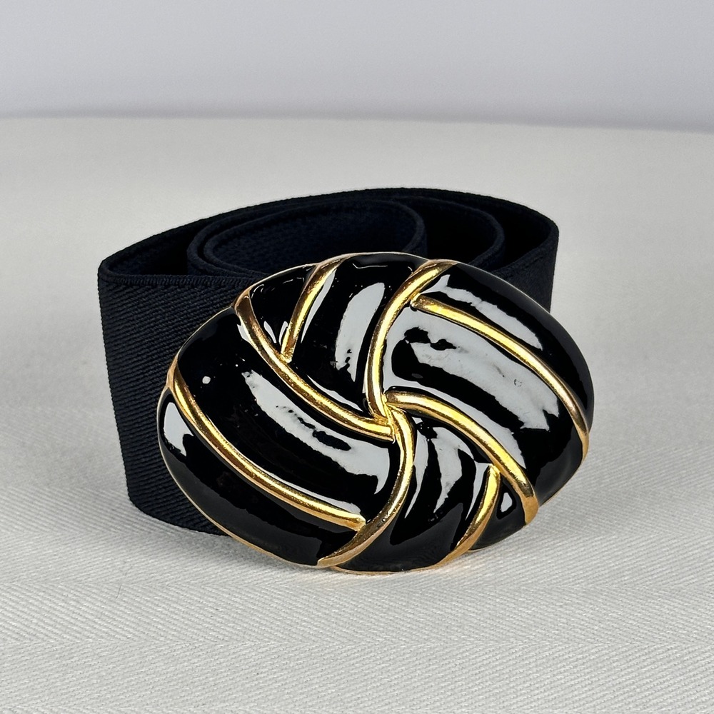 Vintage Day-Lor Black & Gold Enamel‎ Cinch Belt Sculptural Statement Elastic